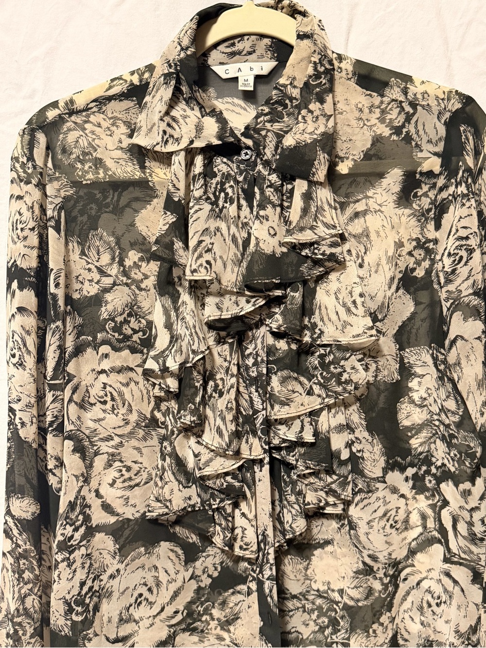 CAbi Sheer Floral Ruffle Button-Down Shirt in Beige and Black